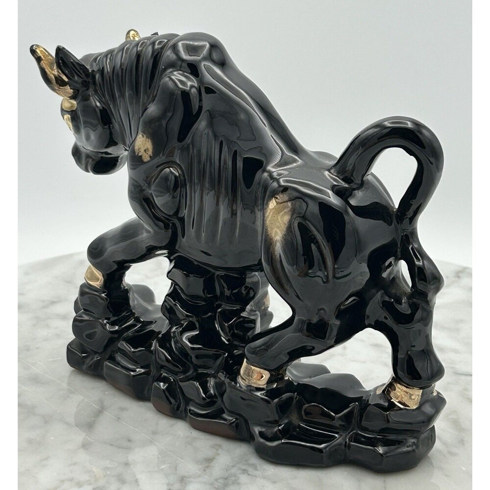 Vtg MCM Japanese Bull Pottery Black & Gold Hand Painted Accents Red Clay - Picture 4 of 8